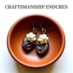 2/$25!!! Cute & Feminine! Mottled Brown Jasper + Cream Pumkin Dangle Earrings